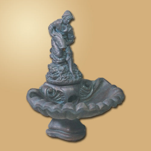 Small one tier fountain featuring a boy fishing figure