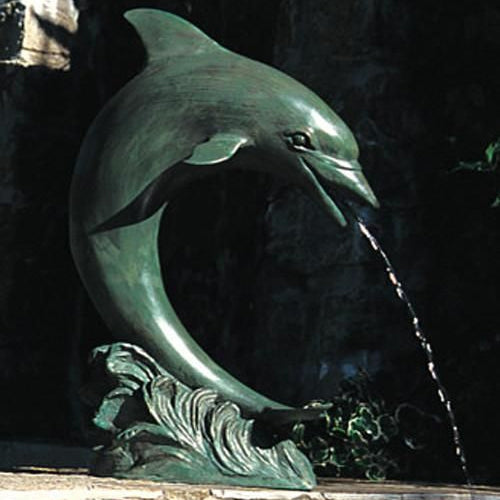 Small single dolphin garden or pool accent made of brass