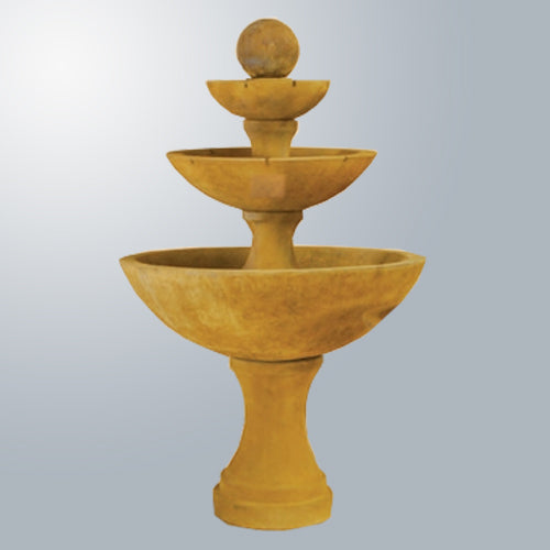 Three tier outdoor fountain with water flowing over spillways
