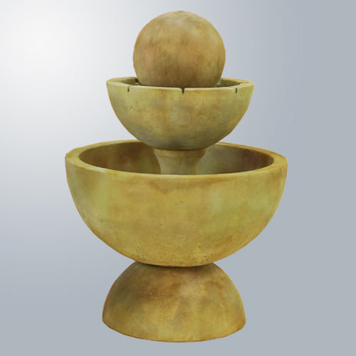 Two tier outdoor fountain with water spilling from upper basin
