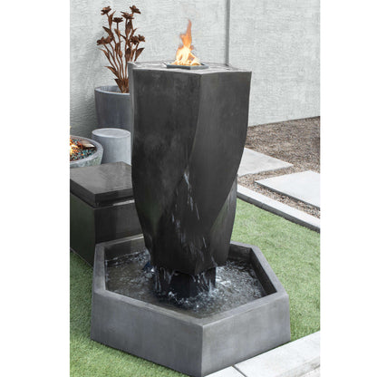 Image of a fountain creating a vortex effect with fire.