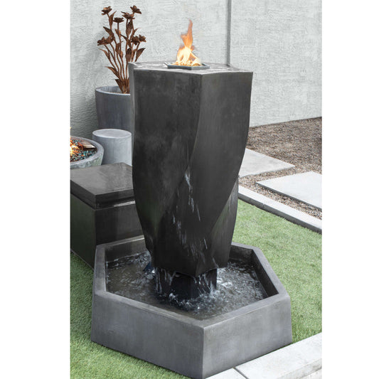 Image of a fountain creating a vortex effect with fire.