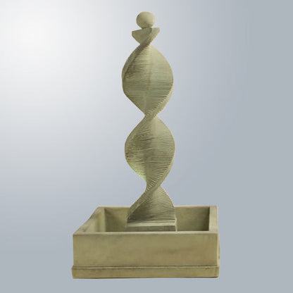 Water feature with spiral design square basin and spherical top ornament