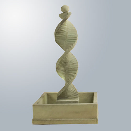 Water feature with spiral design square basin and spherical top ornament