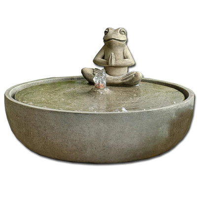 Cast stone garden fountain featuring a frog in a yoga pose
