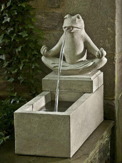 Image of a water fountain featuring a frog on a plinth in a zen style