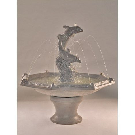 Cast stone garden fountain featuring dolphins and an octagon bowl
