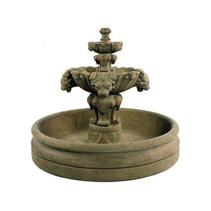 Tiered garden fountain featuring lion accents and a large basin