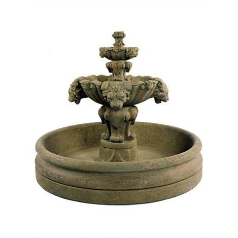 Tiered garden fountain featuring lion accents and a large basin
