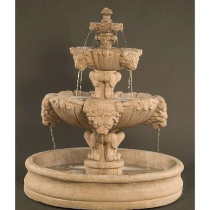 Outdoor fountain with lion design and large basin