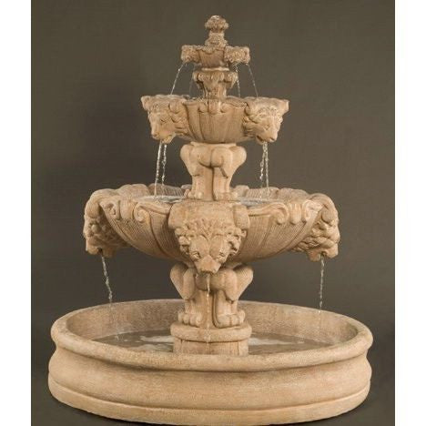 Outdoor fountain with lion design and large basin