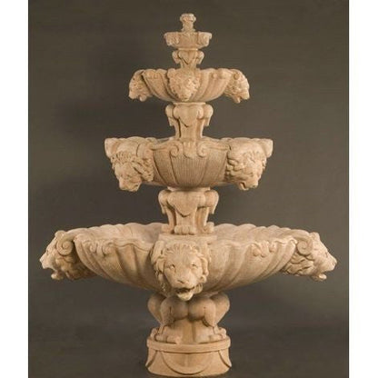 Extra large outdoor fountain with three tiers and lion accents
