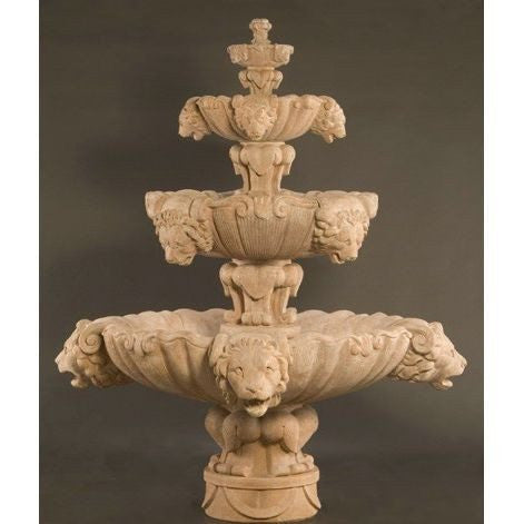 Extra large outdoor fountain with three tiers and lion accents