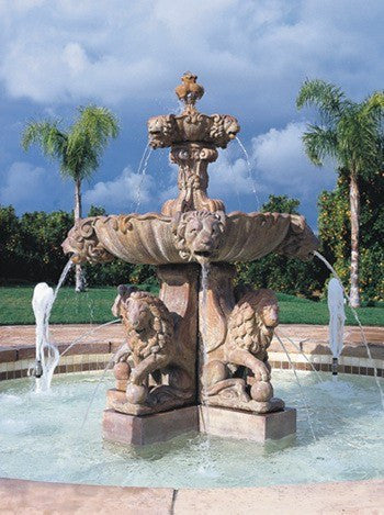 Large outdoor water fountain featuring a lion design