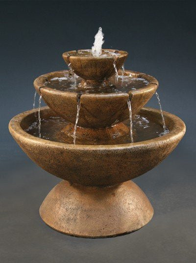 Small water fountain with three tiers and colored bowls