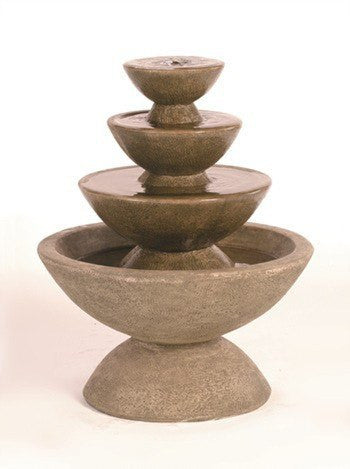 Small garden water fountain with four colorful tiers and bowls