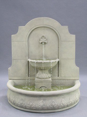 Cast stone wall fountain for outdoor use