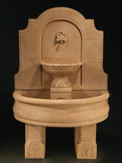Outdoor wall water fountain with basin and pedestals