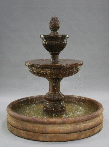 Cast stone garden fountain with a 46 inch basin in a Mediterranean style