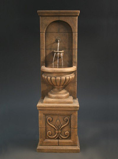 Cast stone outdoor wall fountain for vestibule