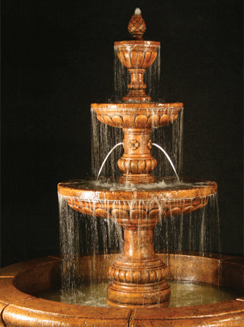 Image of a Mediterranean style fountain with a plumbed spacer and Fiore pond.
